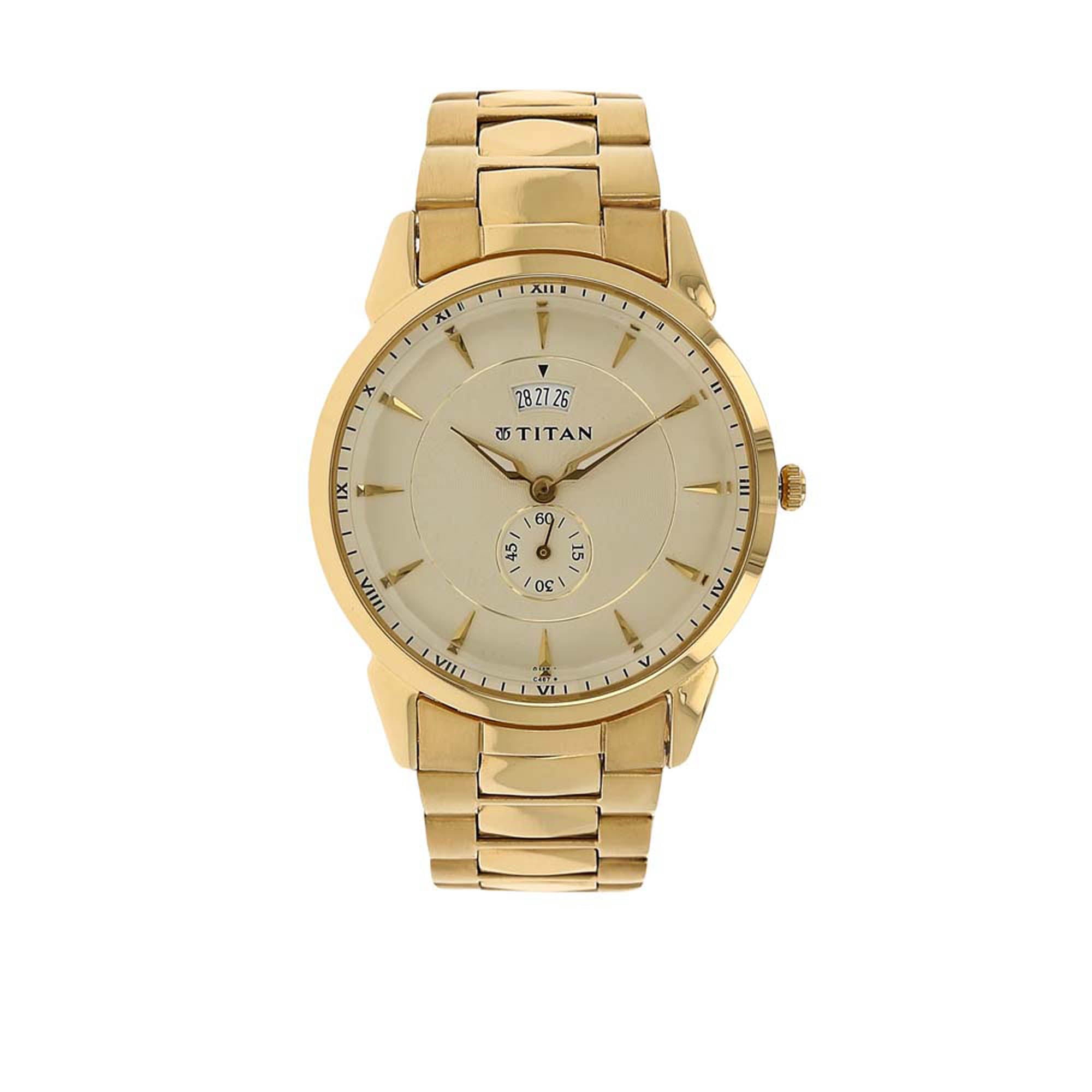 Titan Quartz Analog with Date Champagne Dial Stainless Steel Strap Watch for Men