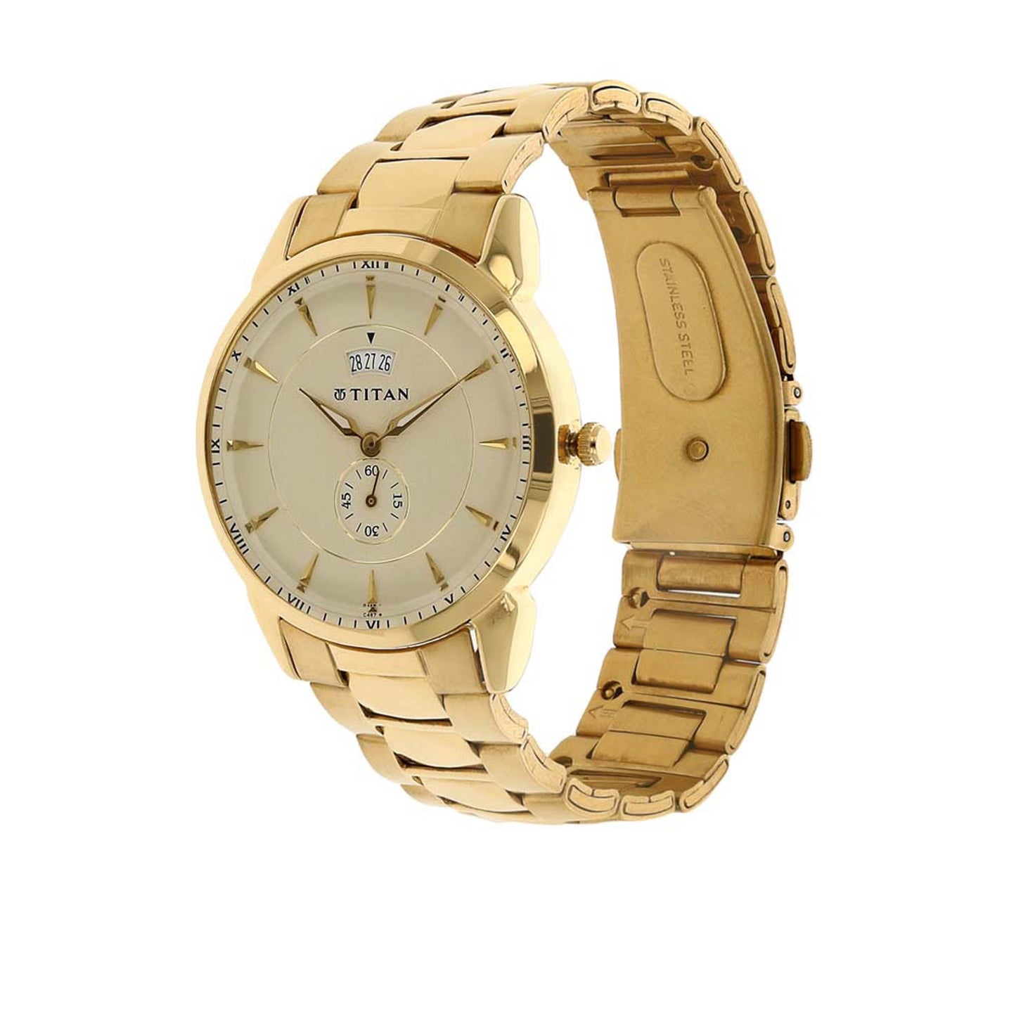 Titan Quartz Analog with Date Champagne Dial Stainless Steel Strap Watch for Men