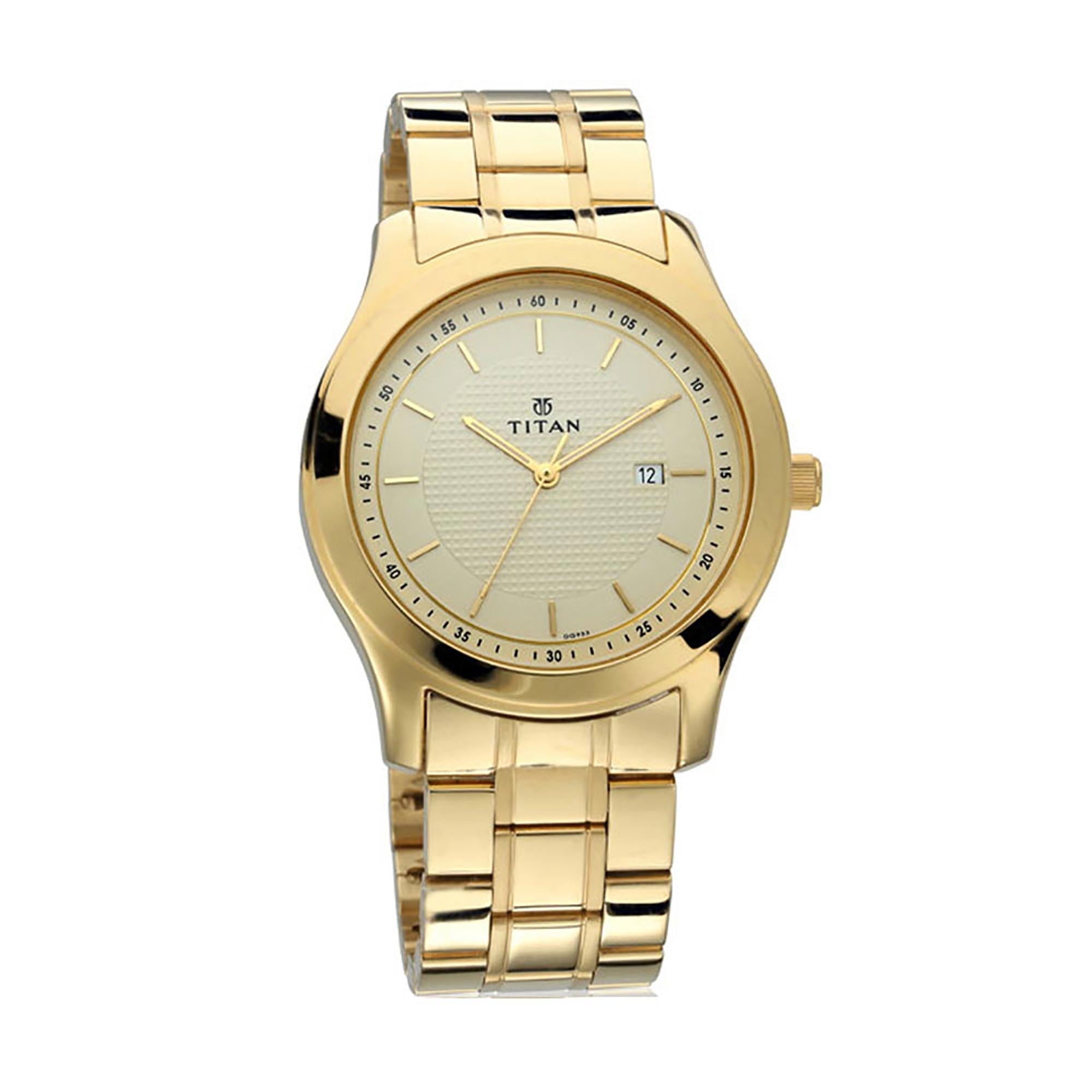 Titan Quartz Analog with Date Champagne Dial Stainless Steel Strap Watch for Men