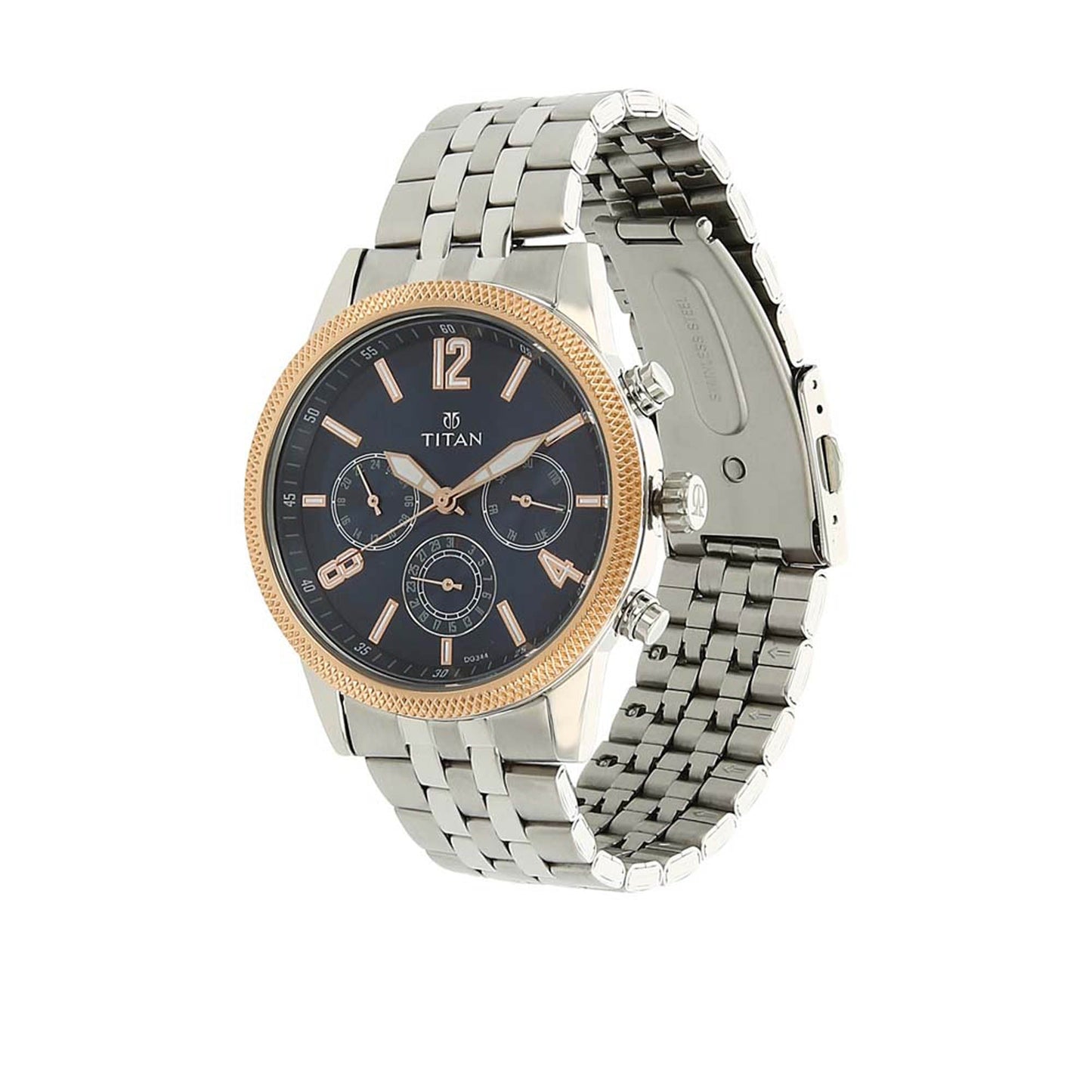 Titan Quartz Multifunction Blue Dial Stainless Steel Strap Watch for Men