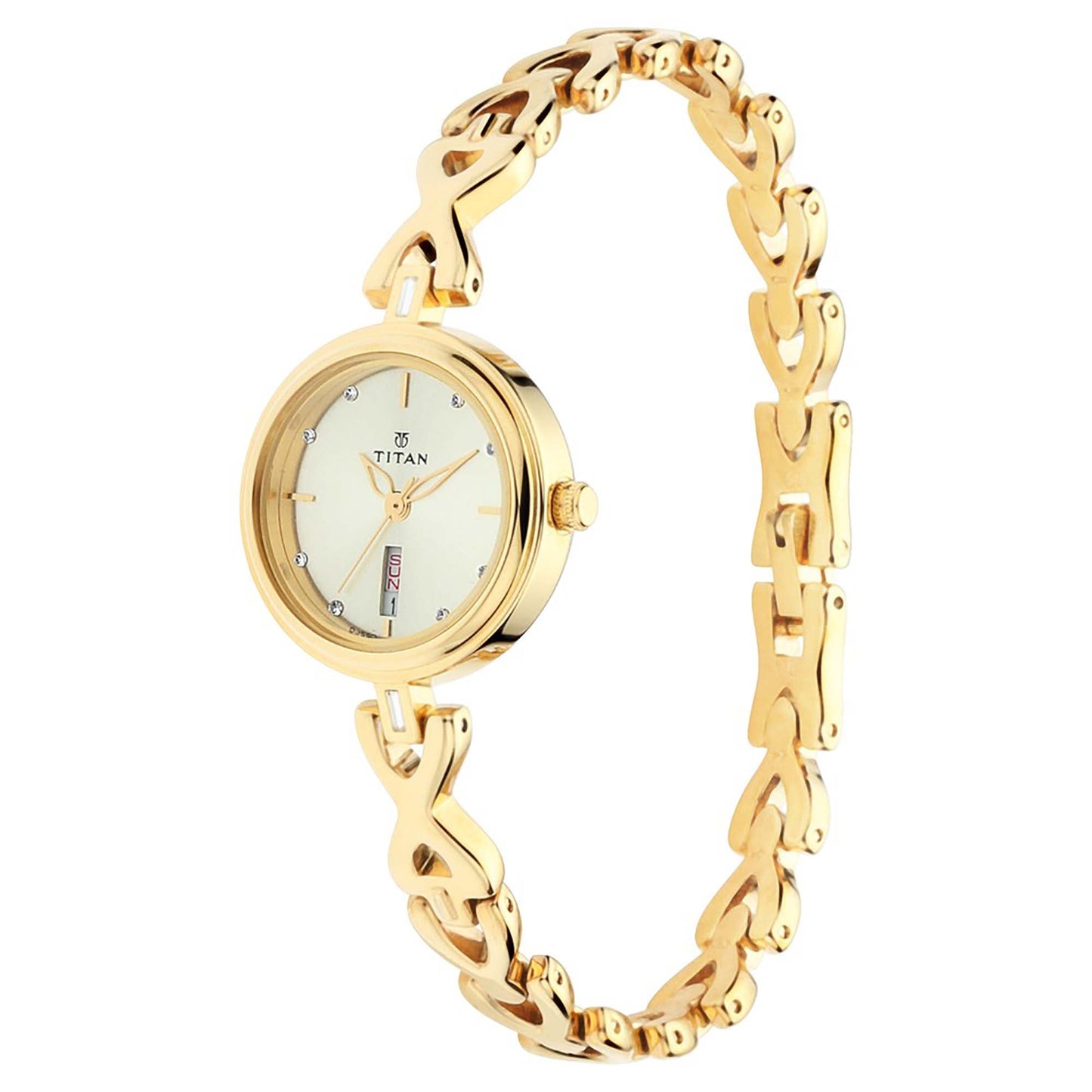 Titan Quartz Analog with Day and Date Champagne Dial Metal Strap Watch for Women