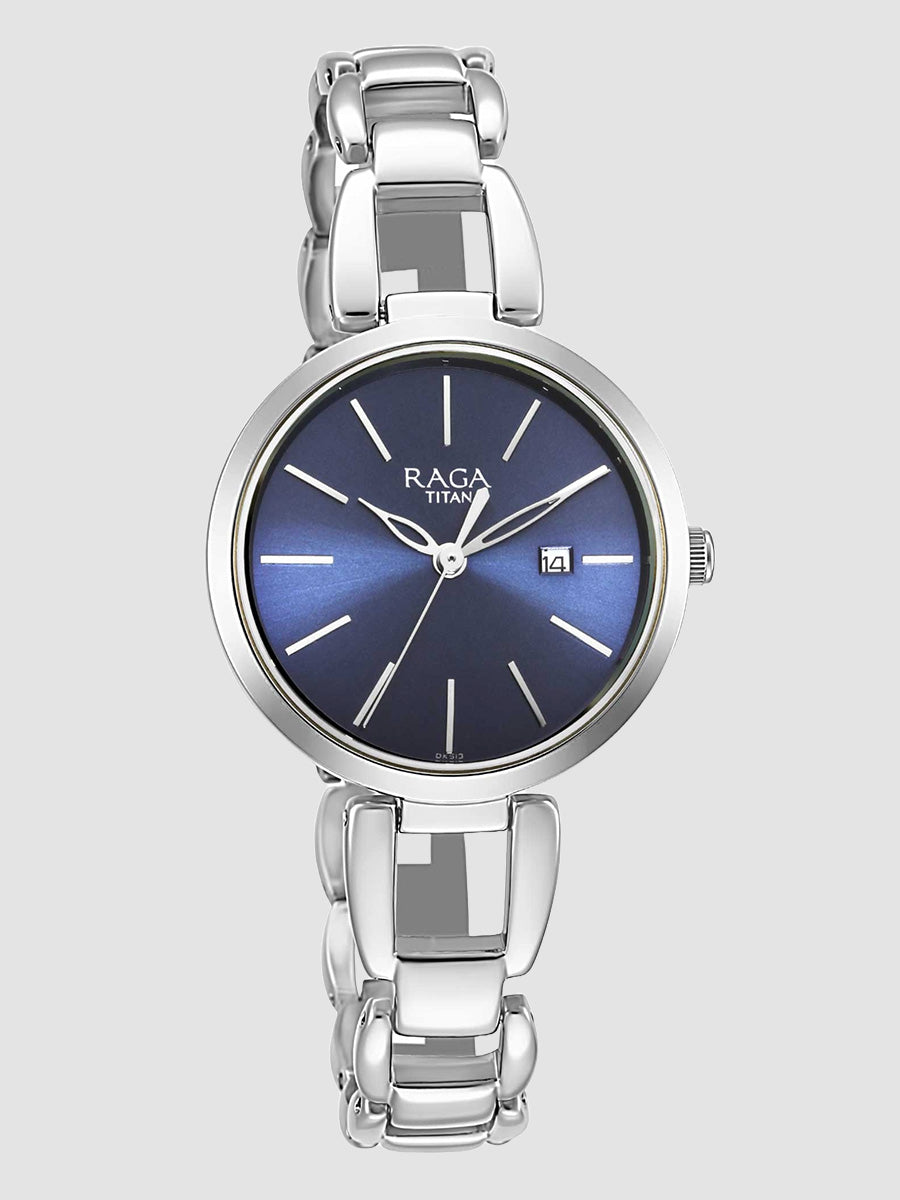 Titan Raga Viva Blue Dial Analog with Date Silver Metal Strap Watch for Women