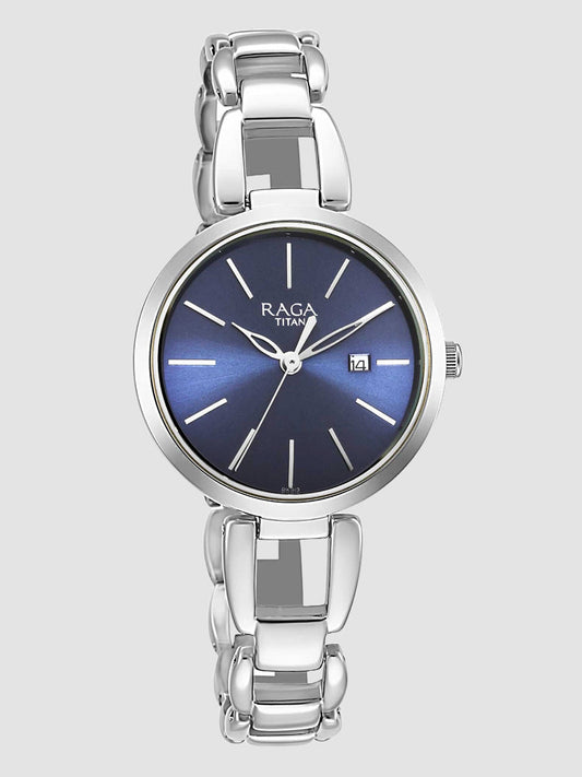 Titan Raga Viva Blue Dial Analog with Date Silver Metal Strap Watch for Women