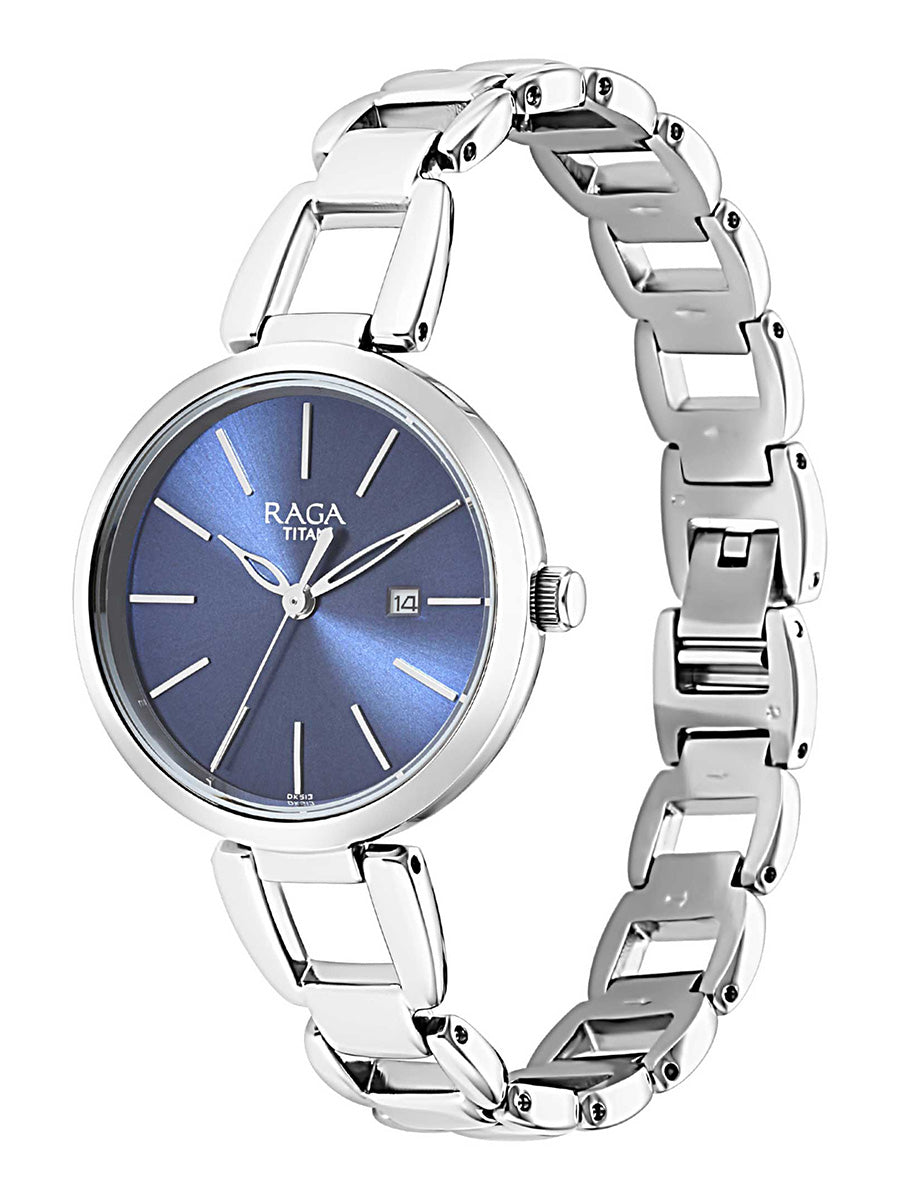 Titan Raga Viva Blue Dial Analog with Date Silver Metal Strap Watch for Women