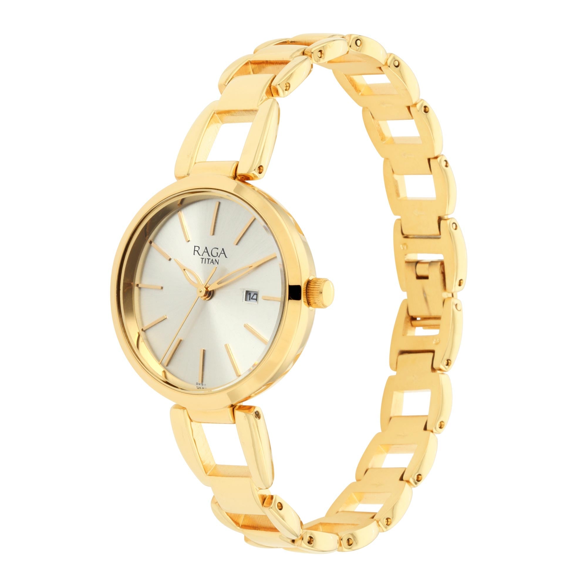 Titan Raga Viva Golden Dial Analog with Date Metal Strap Watch for Women