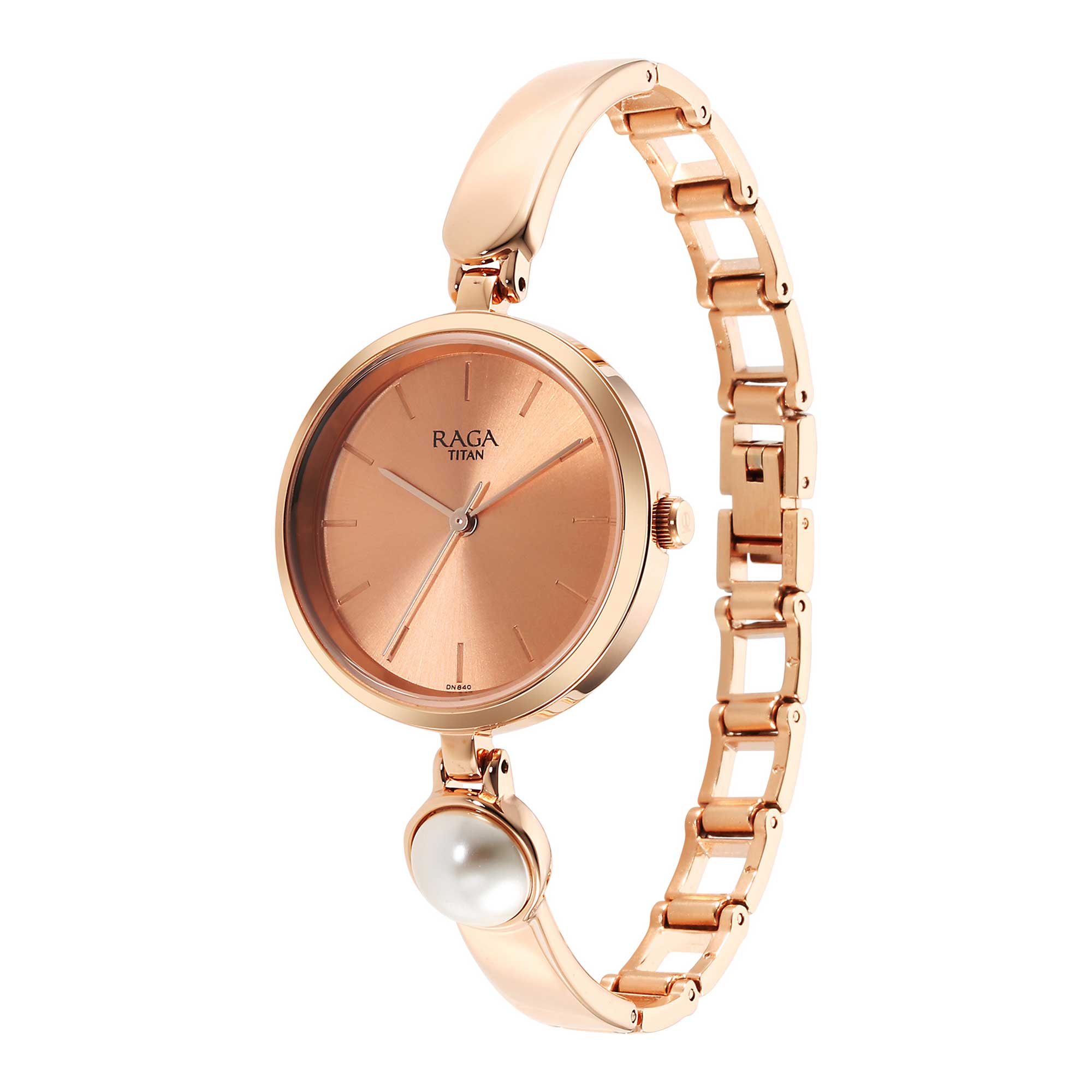 Titan Raga Power Pearls Quartz Analog Rose Gold Dial Metal Strap with pearl Watch for Women