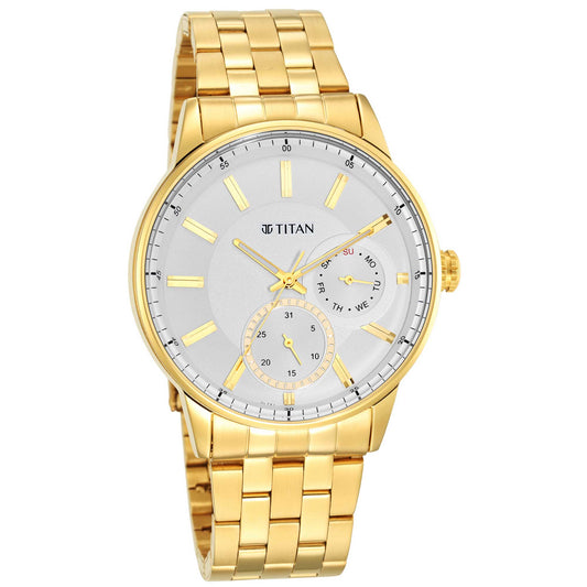 Titan Quartz Analog White Dial Stainless Steel Strap Watch for Men