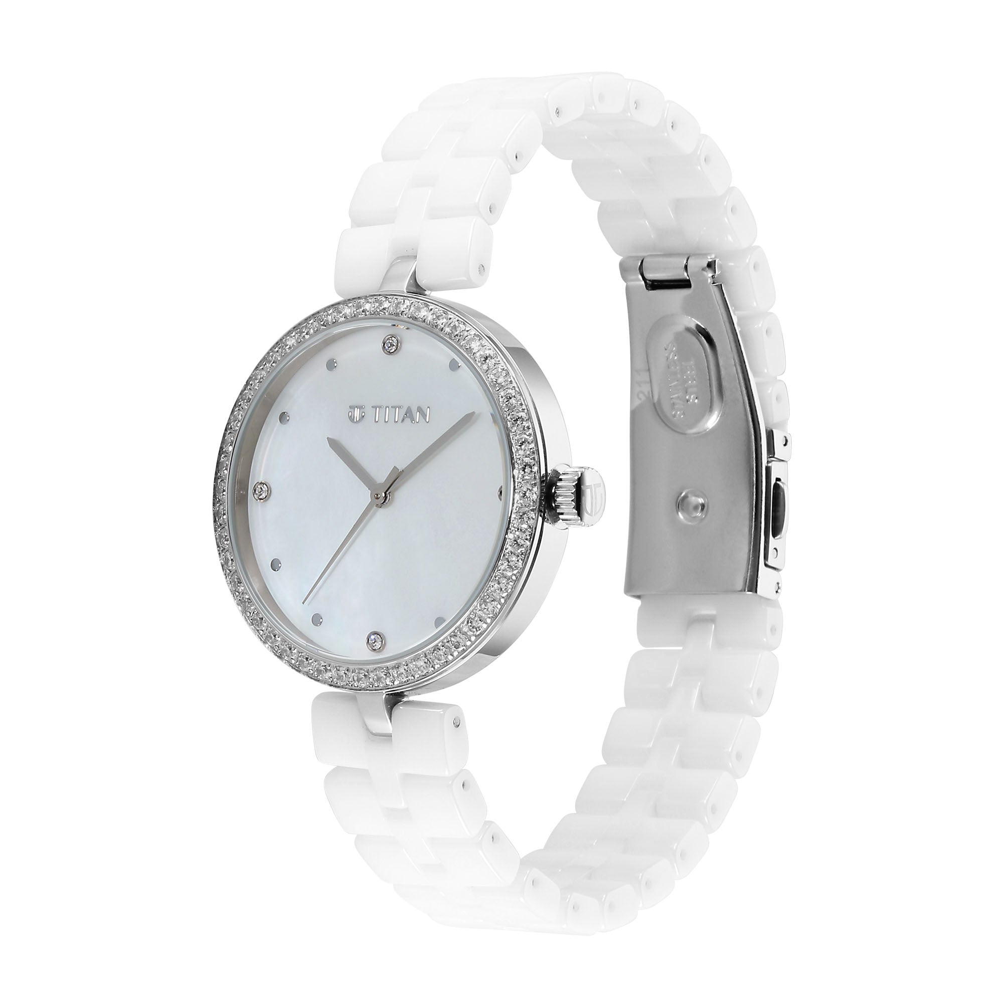 Titan Purple Ceramics Quartz Analogue Mother of Pearl Dial White Ceramic Strap Watch For Women