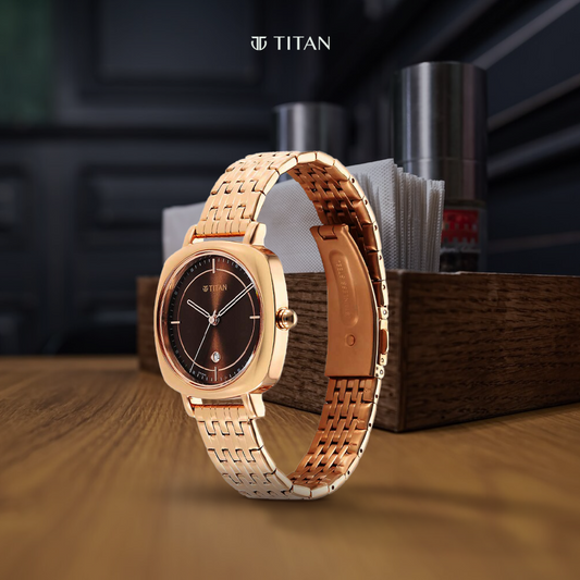 Titan Shaped Cases Brown Dial Metal Strap Watch